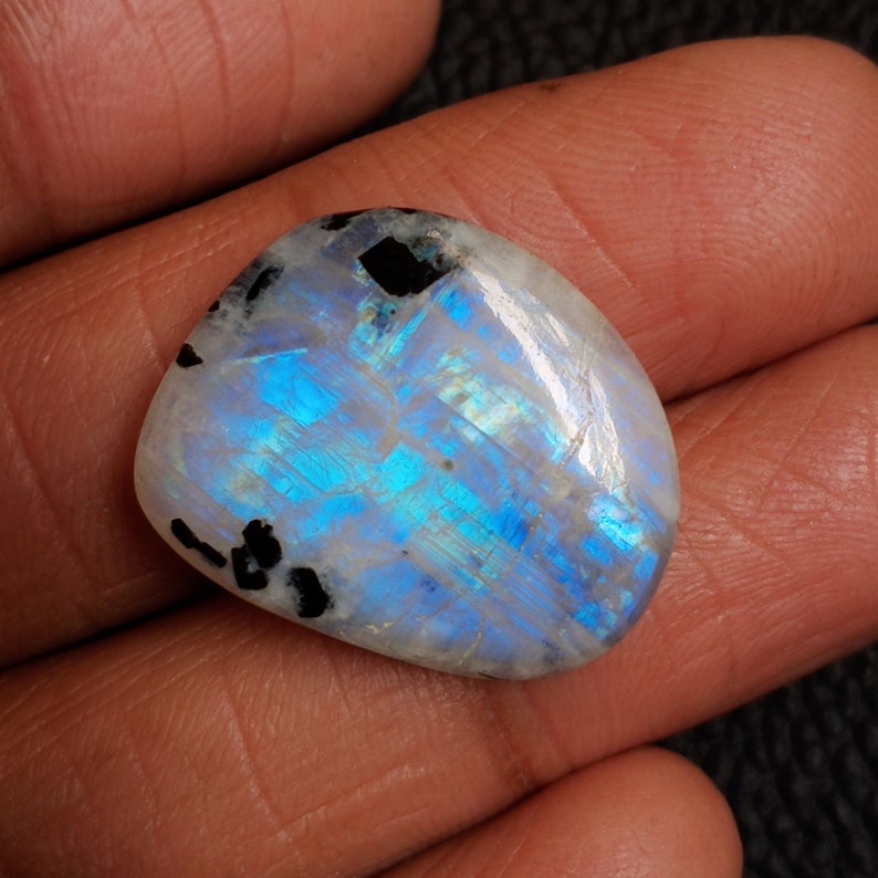 Fancy Shape Designer Gemstone Blue Flashy Moonstone Rainbow Moonstone With Black Tourmaline Cabochon Size 26*15*7mm 28Cts Loose Gemstone