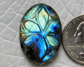 Labradorite Mughal Carving Gemstone, AAA Quality Multi Flashy Carved Labradorite, Oval Shape Loose Gemstone, Size 28*20*6 mm Weight 32 Carat