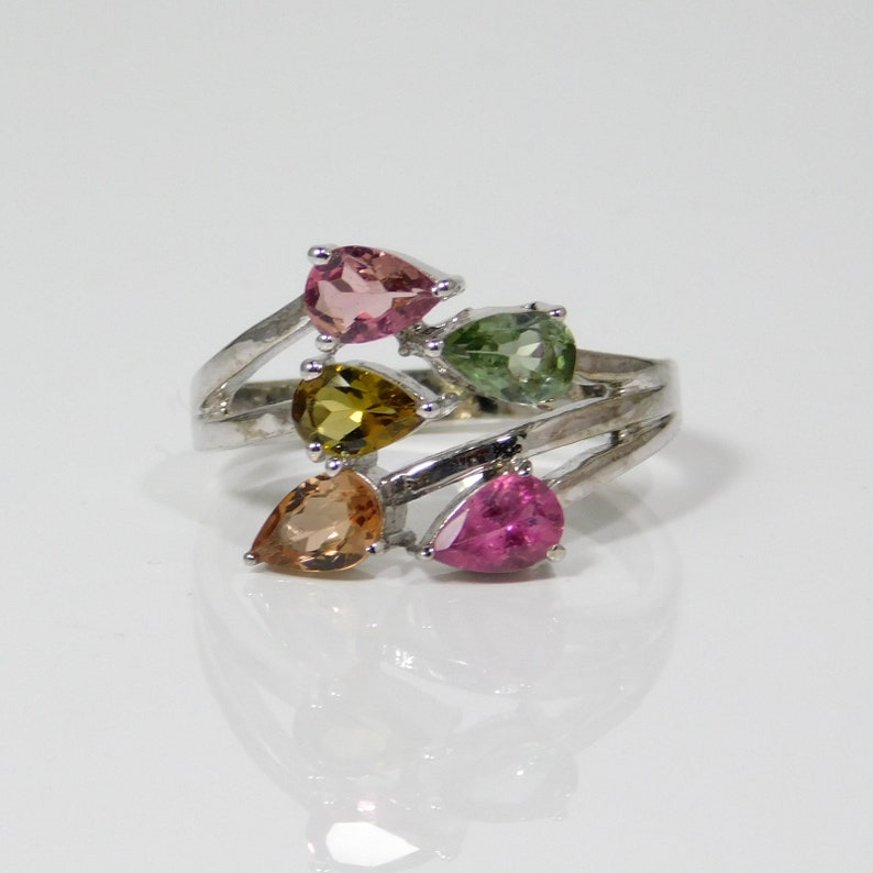 Anniversary Ring 925 Sterling Silver Ring Wedding Ring Tourmaline Ring Pear Tourmaline Cut Gemstone Ring Multi Color Tourmaline Ring