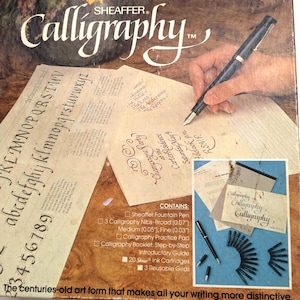 Sheaffer Calligraphy Set - Used - 1986 Fountain Pen, 3 Calligraphy Nibs, Fine, Medium and Broad -  Ink Cartridges - Practice Sheets