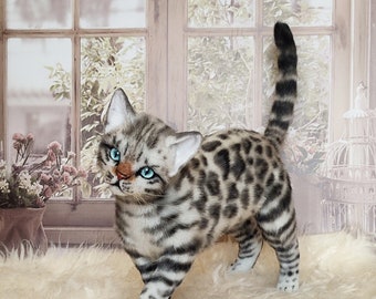 Realistic cat Author's doll OOAC soft toy kitten Bengal cat with blue eyes made of plush