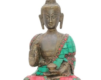 Brass Buddha Statue handmade gemstone work Antique look Feng Shuai Tibetan Buddha