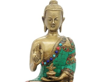 Brass Buddha Statue handmade gemstone work Antique look Feng Shuai Tibetan Buddha