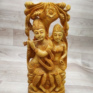 Radha Krishna Statue 10&quot; Wooden Hand Carved Love Couple Figurine Home decor Gift