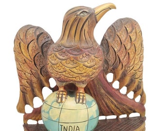 Carved Wooden Eagle Sitting on Globe Painted Wood Eagle