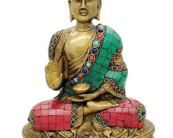 Brass Buddha Statue handmade gemstone work Antique look Feng Shuai Tibetan Buddha