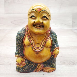 Buddha in legno che ride Statua in piedi fatto a mano dipinto a mano Feng Shuai tibetano