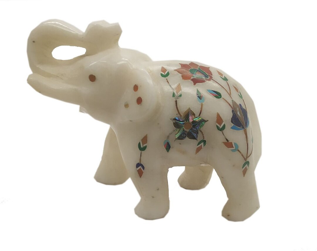 Marble Stone Elephant 3 Statue Gemstone Inlay Floral Work Handmade