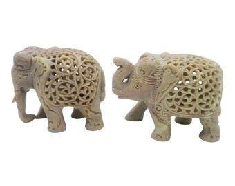 Stone Elephant statue 3.5" handmade Undercut Vintage trunk down Décor Sculpture