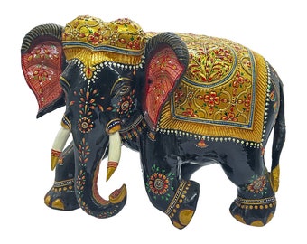 Estatua de elefante de madera 8" Decoración del hogar hecha a mano floral Pintura en relieve Escultura