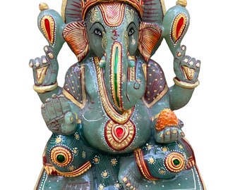 Jade Stone Ganesha statue 8" Aventurine Gemstone handmade painting Home Decor