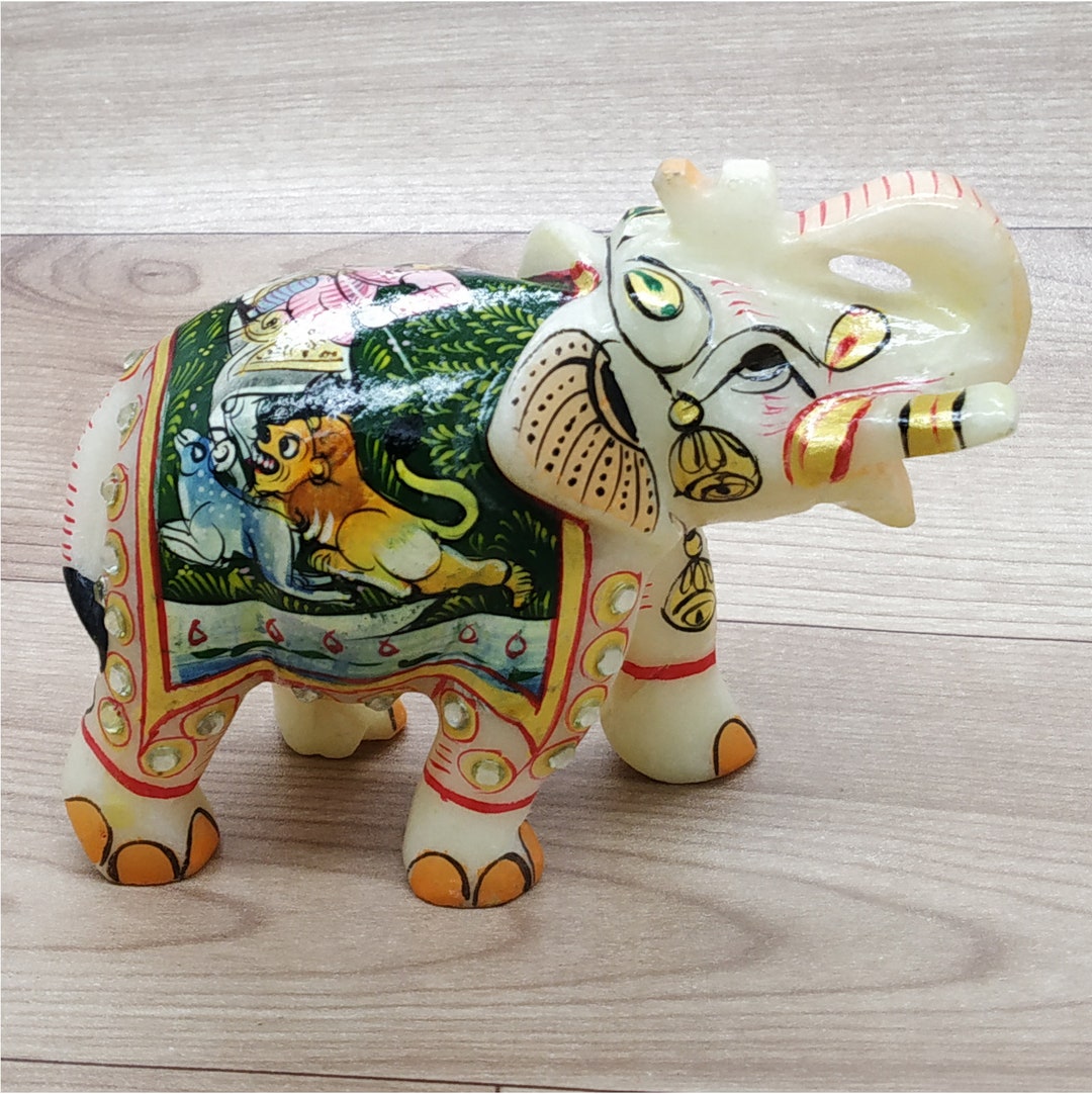 Marble Elephant Statue Trunk up Hand Painted Home Decor Etsy