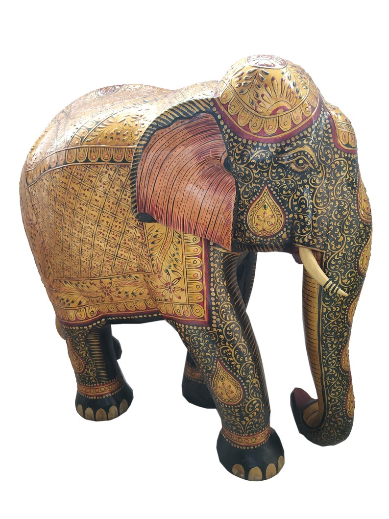 18" Hand Carved Wood Elephant Statue Emboss Painting Home Decor - Etsy