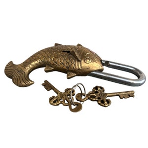 Brass Key Lock Fish Shape Handmade Padlock with 2 Security Keys antique finish