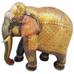 18&quot; Hand Carved Wood Elephant Statue Emboss Painting Home Decor