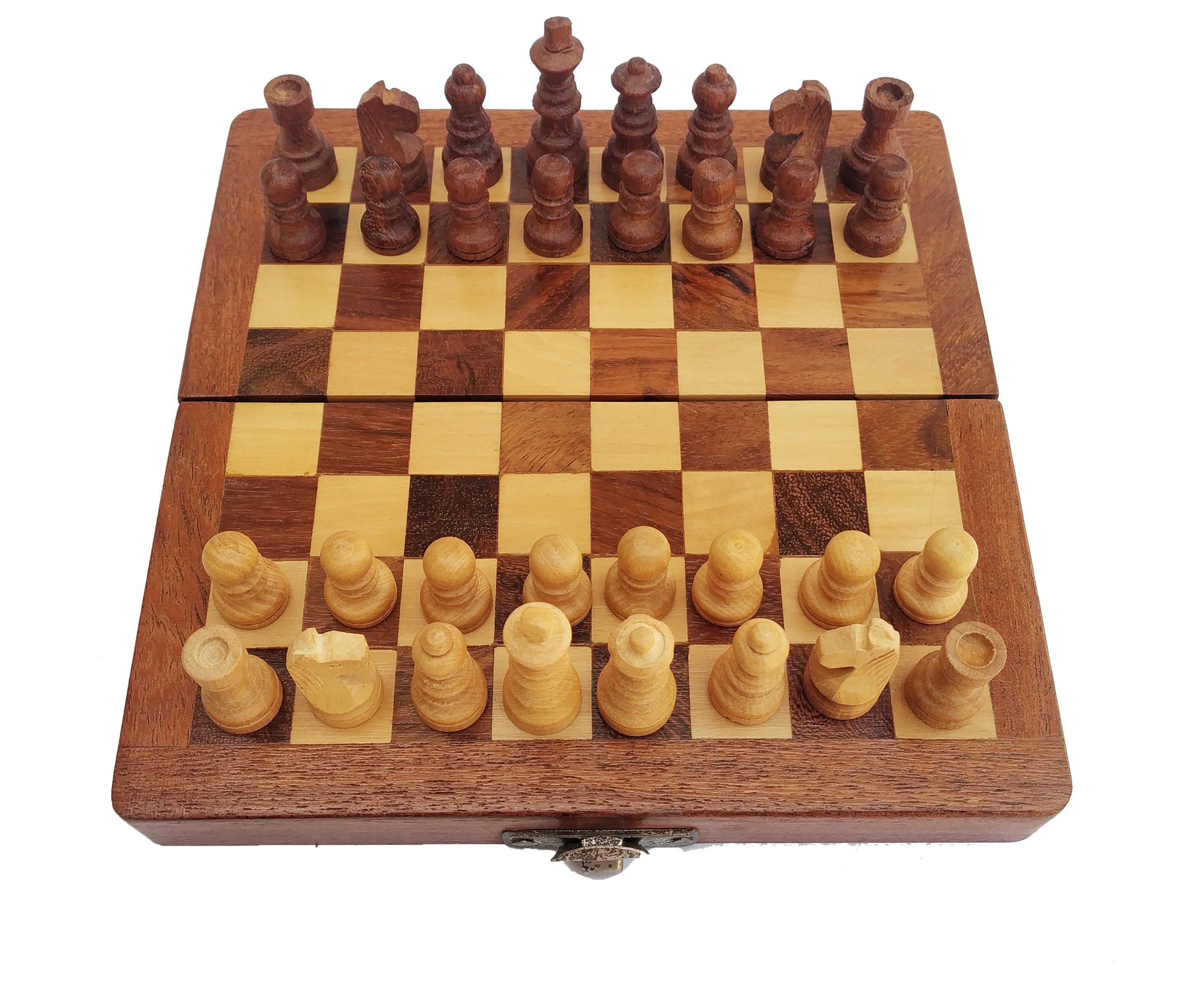Travel Size Portable Folding Game Board Piece Holders Handmade Wooden Chess Set 