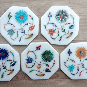 Tea coaster stone 3.5&quot; handmade unique floral Inlay work filing colorful stone