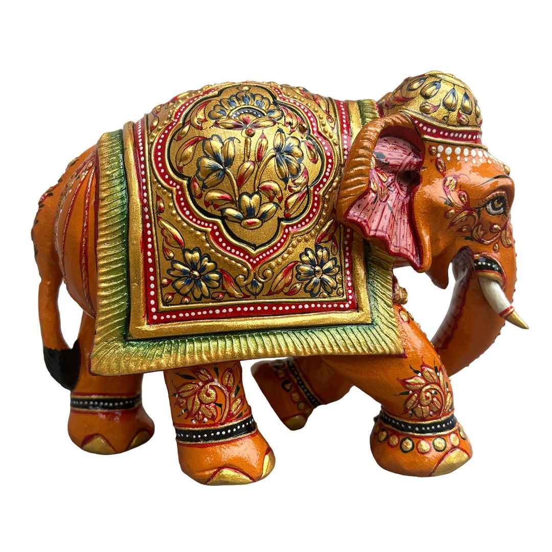 Wooden Elephant Statue 4.5" Handmade Home Décor Floral Emboss Painting ...