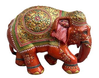 Estatua de elefante de madera 6" Decoración del hogar hecha a mano floral Pintura en relieve Escultura