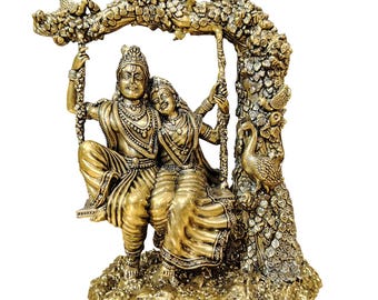 Brass Radha Krishna swing Statue 8" hand carving Hindu Religious house warming