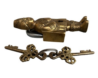 Brass Key Lock Postman Shape Handmade Padlock with 2 Security Keys antique
