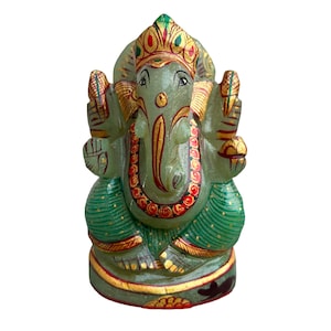 Ganesha Statue 4&quot; Handmade Jade Stone Hindu Elephant God Painted Décor