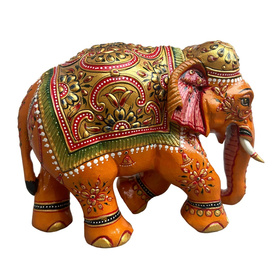 Wooden Elephant Statue 4.5" Handmade Home Décor Floral Emboss Painting ...