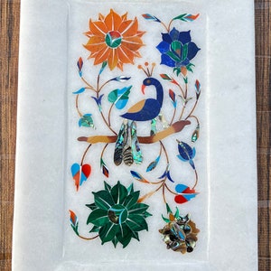 Serving tray marble stone 9&quot; x 6&quot; pietra dura gemstone inlay work Platter Gift
