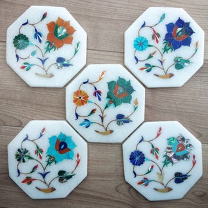 Tea coaster stone 3.5&quot; handmade unique floral Inlay work filing colorful stone