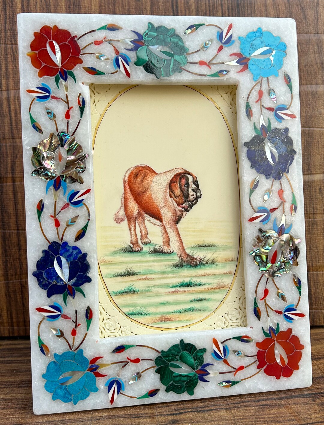 Floral Gemstone Inlay Marble Photo Frame, Art Deco Décor - Etsy