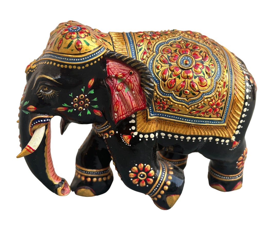 Wooden Elephant Statue 4.5" Handmade Home Décor Floral Emboss Painting ...