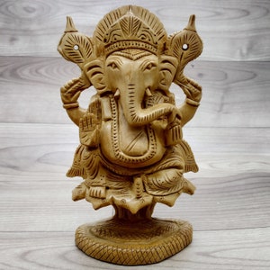 Ganesh Statue 6&quot; Sitting on Snack Wooden hand carved Hindu God Lord Ganesha