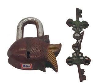真鍮製キーロック 魚型 ハンドメイド南京錠 セキュリティキー2個付き アンティーク仕上げ