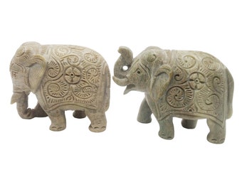 Estatua de elefante de piedra 3.5 "hecha a mano Tallado Tronco vintage abajo Escultura de decoración