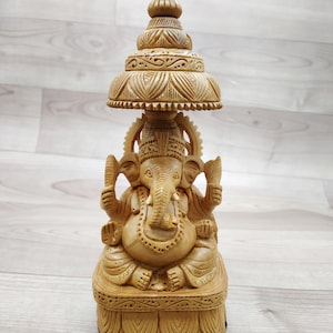 Ganesh Statue 7&quot; Sitting under Umbrella Fine Wooden hand carved Hindu God Lord Ganesha