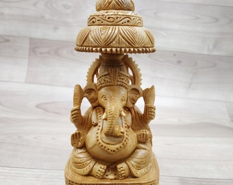 Ganesh Statue 7" Sitting under Umbrella Fine Wooden hand carved Hindu God Lord Ganesha