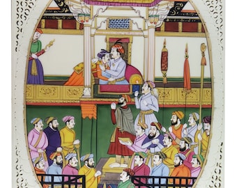 Painting Mughal Court Handmade Fine Miniature Artwork Resin tile Paintings 8" X 6"