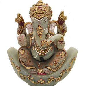 Aventurine Jade Stone Lotus Ganesh Statue Elephant God Gold Painted Ganesha