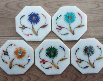 Tea coaster stone 3" handmade unique floral Inlay work filing colorful stone