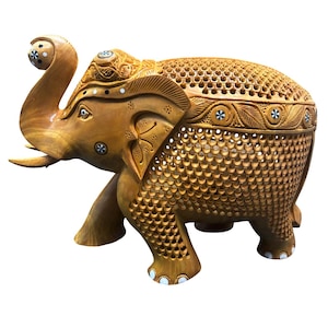 Wooden Elephant Statue 8&quot; Handmade carving natural color home décor  Sculpture