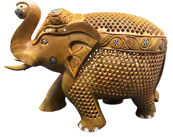 Estatua de elefante de madera de 8 pulgadas, tallada a mano, color natural, decoración del hogar. Escultura.