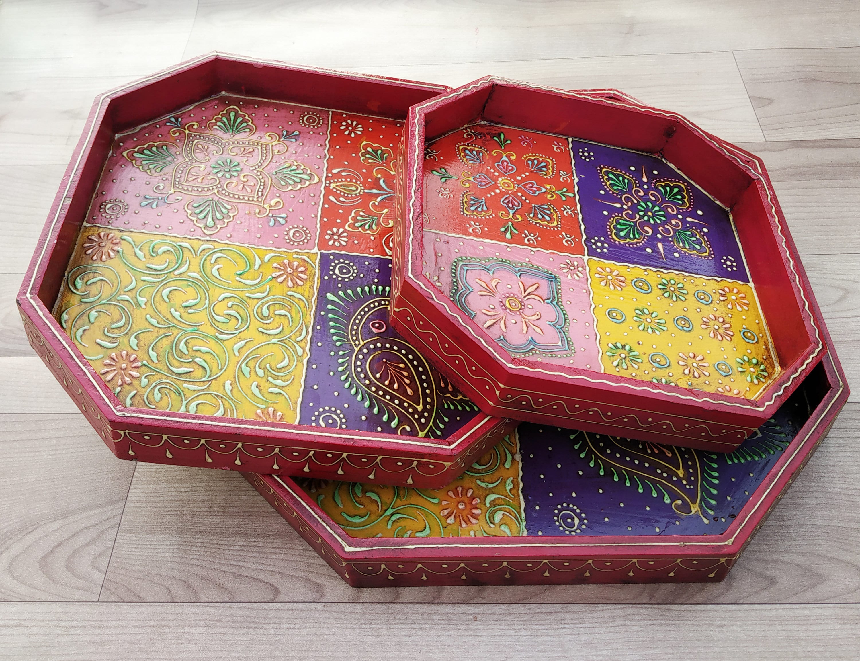 Serving Tray 3 Pcs Set Wooden Handmade Emboss Painting Work - Etsy
