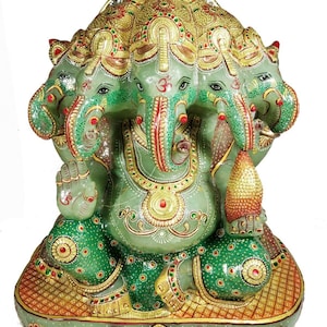 Jade Stone Ganesha statue 13&quot; Five Face Aventurine Gemstone handmade painting