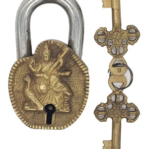 Brass Door Lock Antique Finish Sarasvati Indian Traditional Lock Gift Item