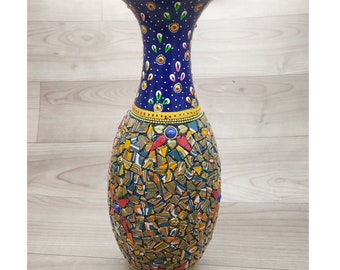 Wooden Flower Vase covered by painting and small pieces of gemstone