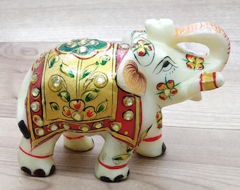 Estatua de elefante de mármol trompa arriba Pintado a mano decoración del hogar Escultura