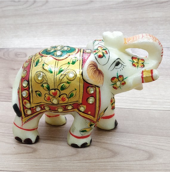 art and collectibles 2 White Marble Elephant Figurines Handmade hand painted with real gold