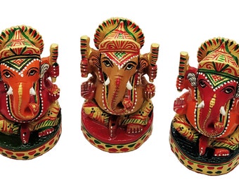 Hand Carved Wooden Ganesha Statue, Hand Painted, Set of 3