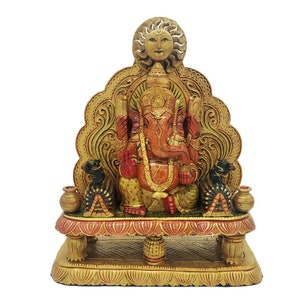 Wooden Ganesha Sitting on Throne handmade Painting Figure Vintage Art Sculpture