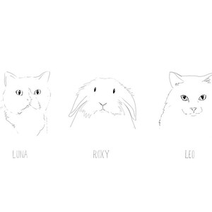 May include: Line drawing of three pets: Luna the cat, Roxy the rabbit, and Leo the cat.